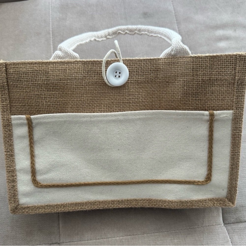 Tan and Cream Tote Bag with Button Closure